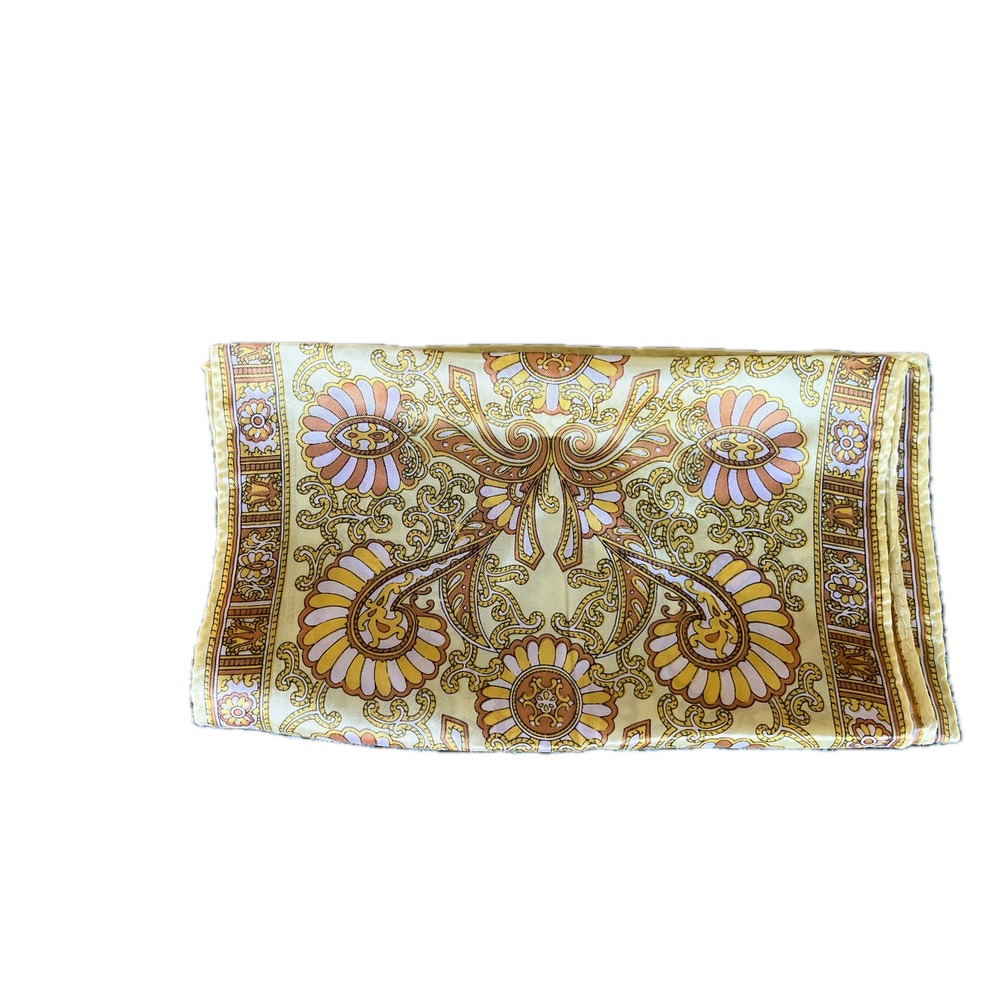 Vintage 70s Gold Paisley Floral Baroque Print Silky Rectangular Scarf Mod Funky